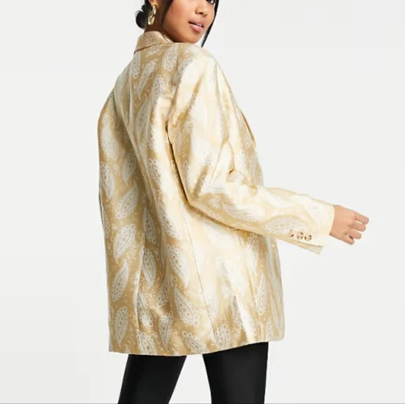 NWT Topshop Women's  Paisley Jacquard Blazer in Gold Size 12 - Picture 2 of 8